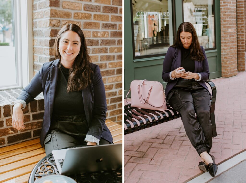 A brunette woman in a purple blazer sits on an outdoor bench on her phone