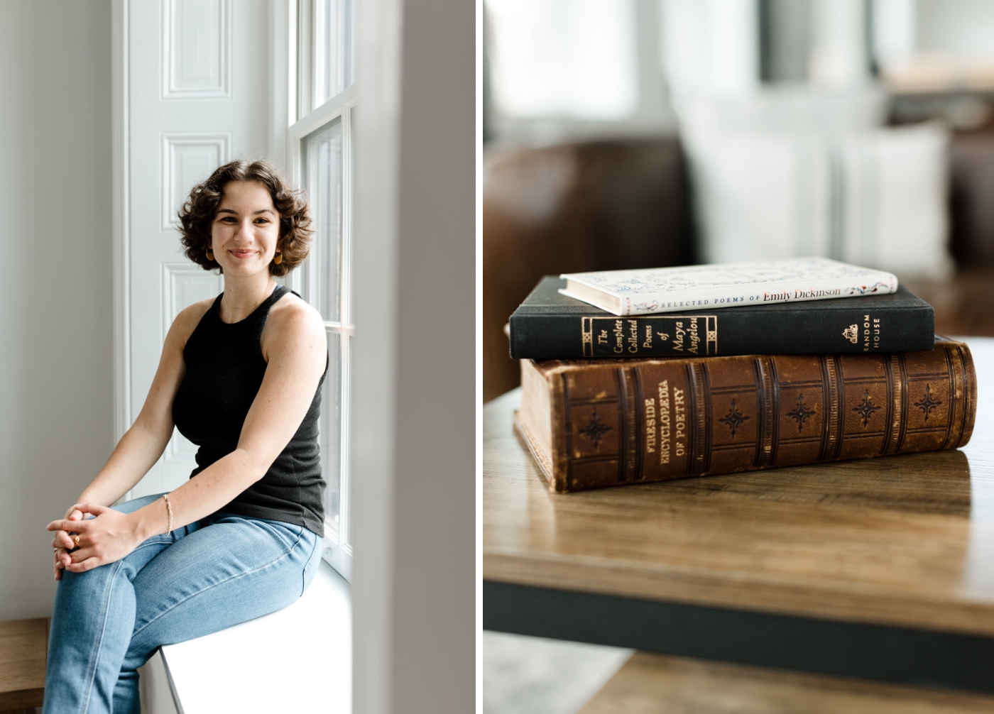 A copywriter sits on a windowsill and smiles at the camera 