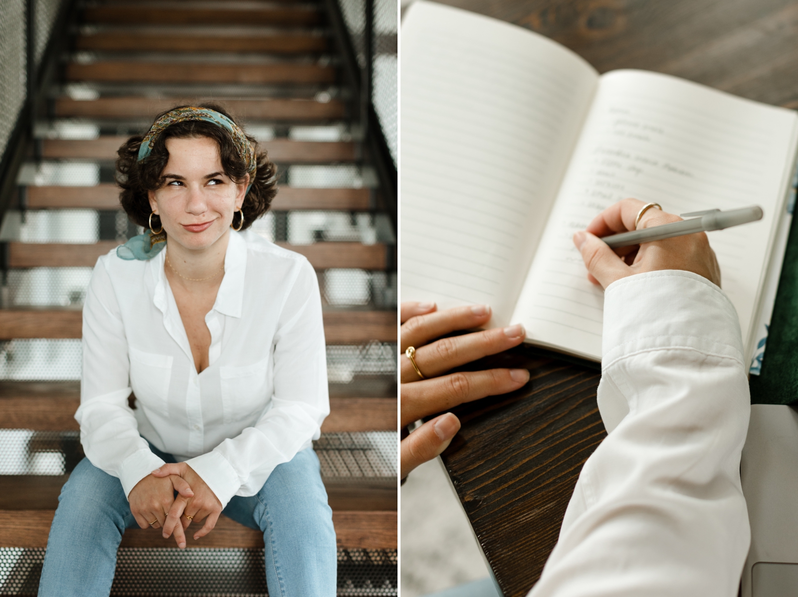 A headshot of a website copywriter sitting on wooden stairs making a silly face