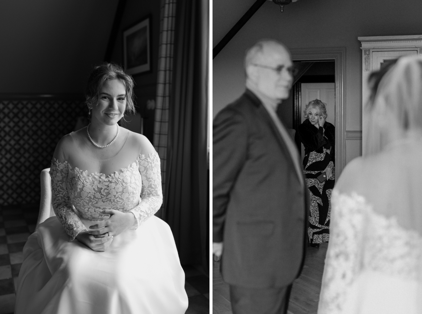 The bride's mother wiping tears away while the bride stands with her father. 