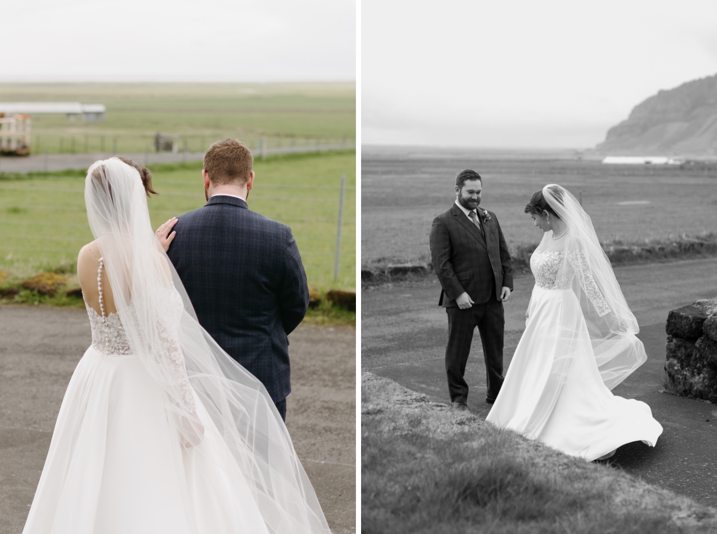 A first look between a bride and groom in front of Skalakot Manor Hotel
