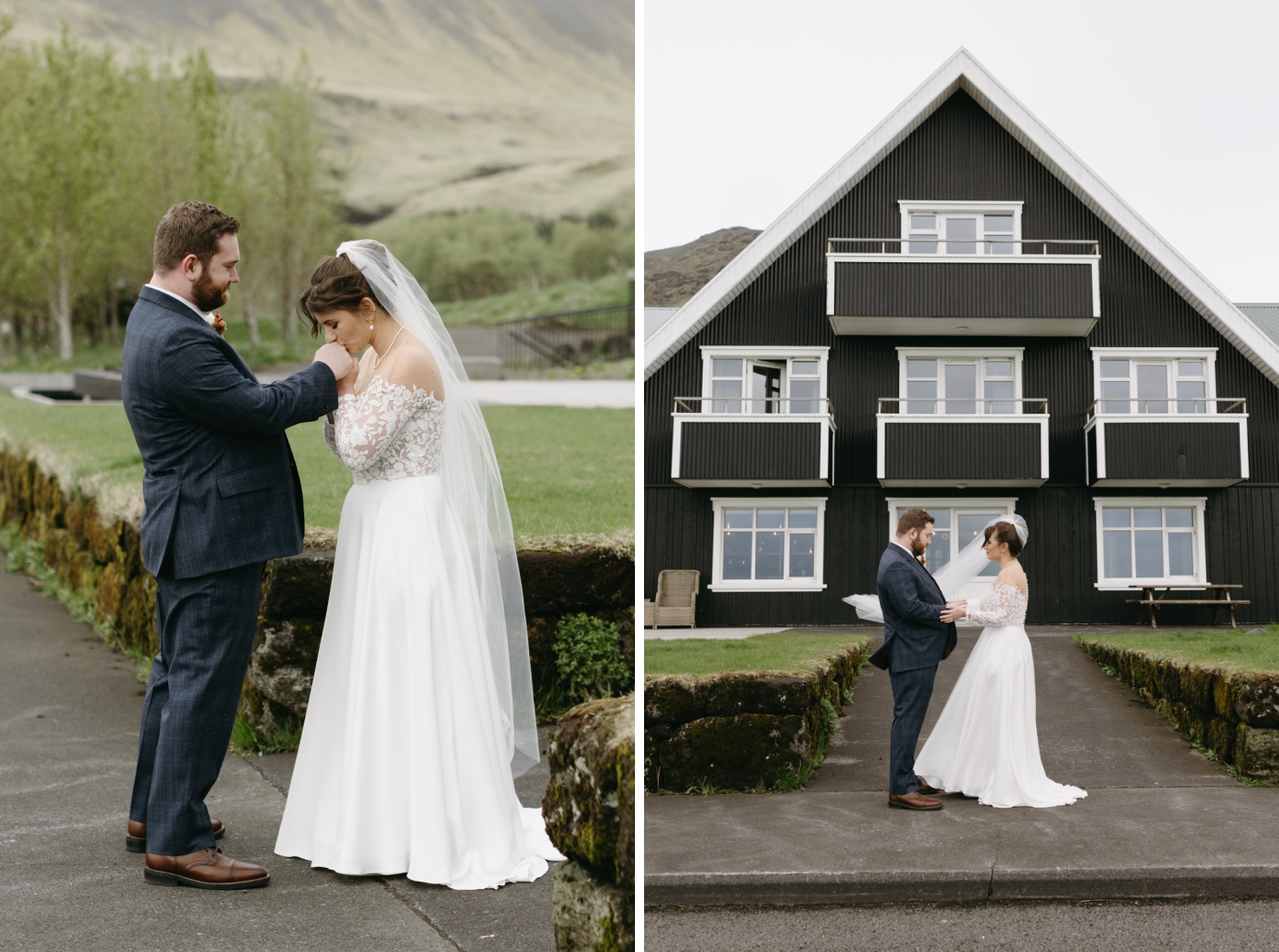 A bride and groom exchange private vows in front of Skalakot Manor Hotel