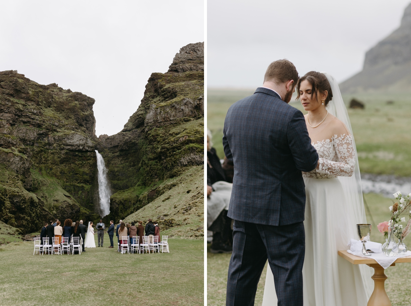 The bride and groom pray over communion during their wedding ceremony