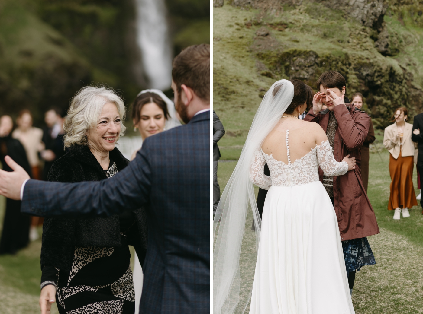 The bride and groom greet their wedding guests directly after their Iceland wedding ceremony