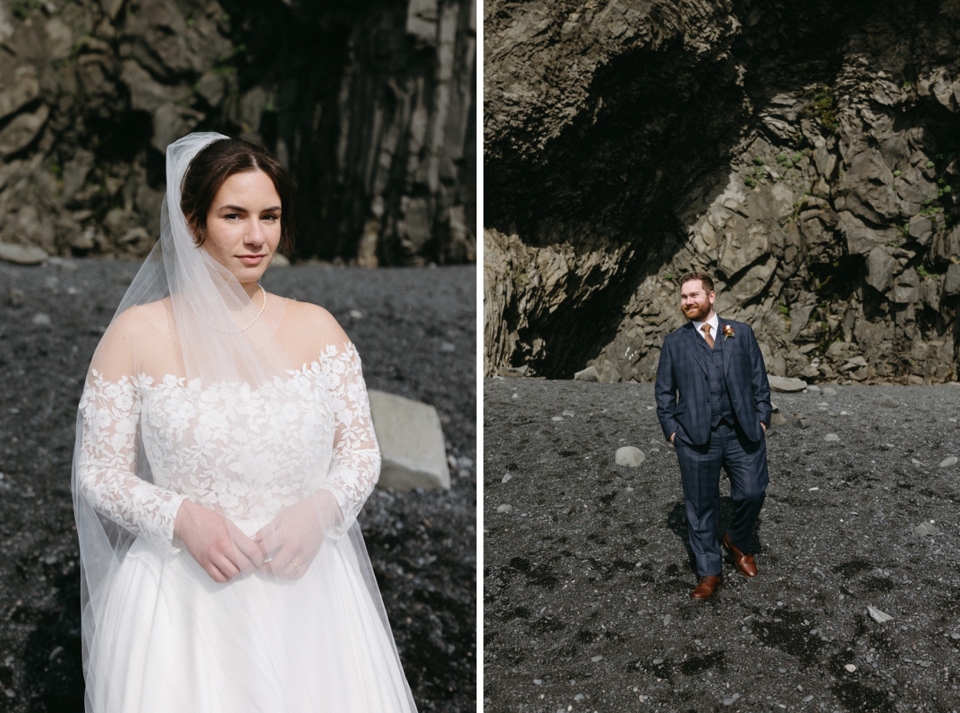 Individual portraits of the bride and groom at Reynisfjara
