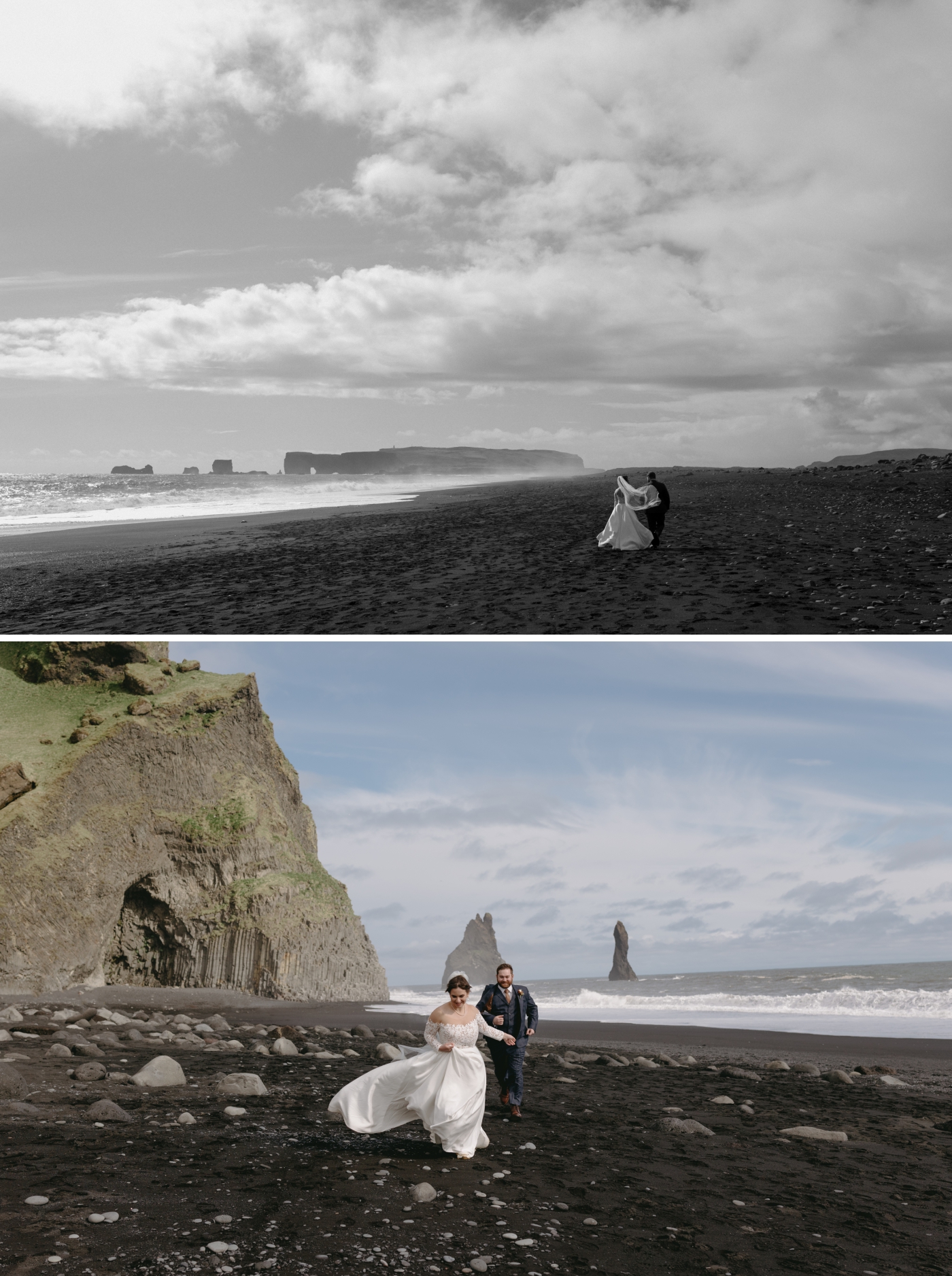 A bride and groom run around at Reynisfjara during their couple's portraits in Iceland