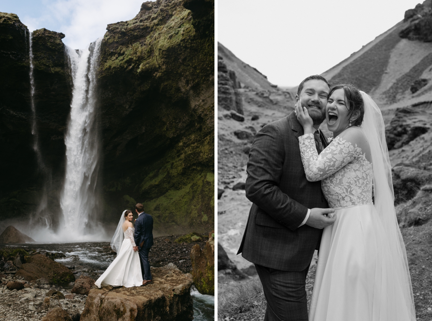 A bride and groom stand in front of Kvernufoss during their wedding portraits