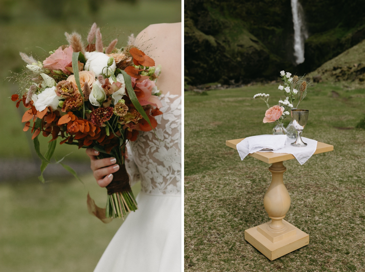 A wedding bouquet held by a bride after her wedding ceremony