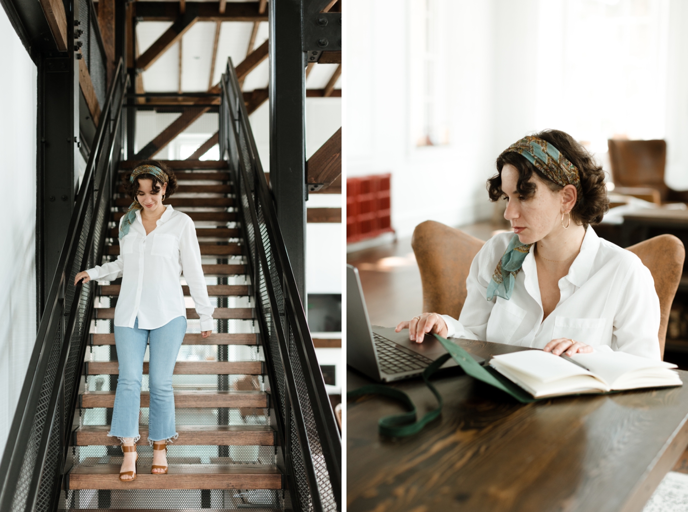 A brunette woman with short hair works on a laptop discussing branding for wedding pros
