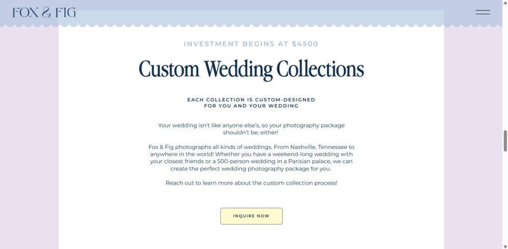 A Wedding photographer's website service page