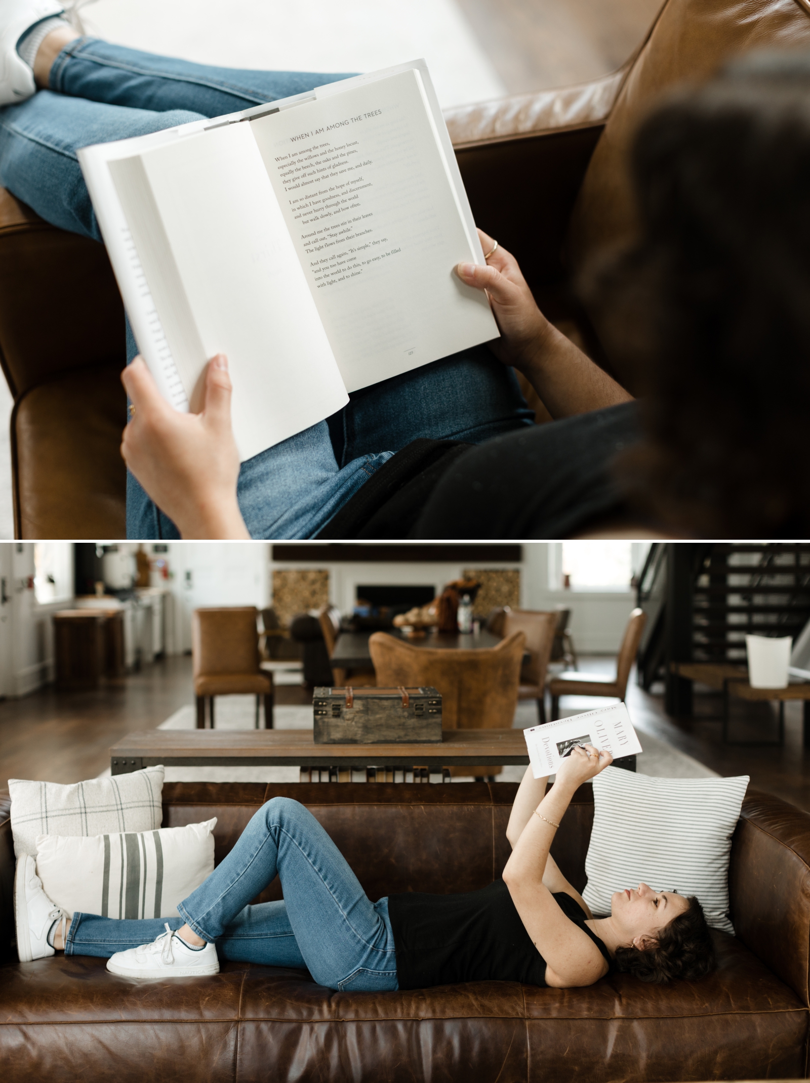 A copywriter for wedding pros sits on a leather couch reading a book of poetry by Mary Oliver