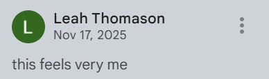 A screenshot of a comment on a Google Doc saying "this feels very me"