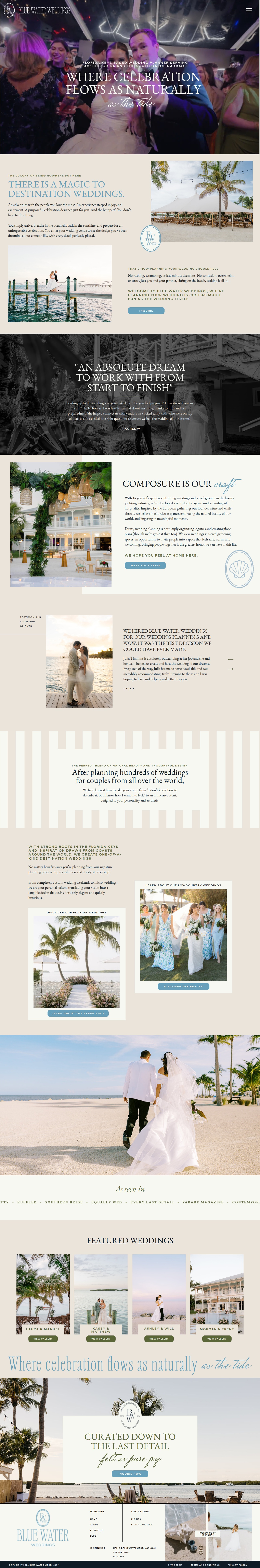 A screenshot from a destination wedding planner's website featuring photos of brides and grooms walking along Florida beaches