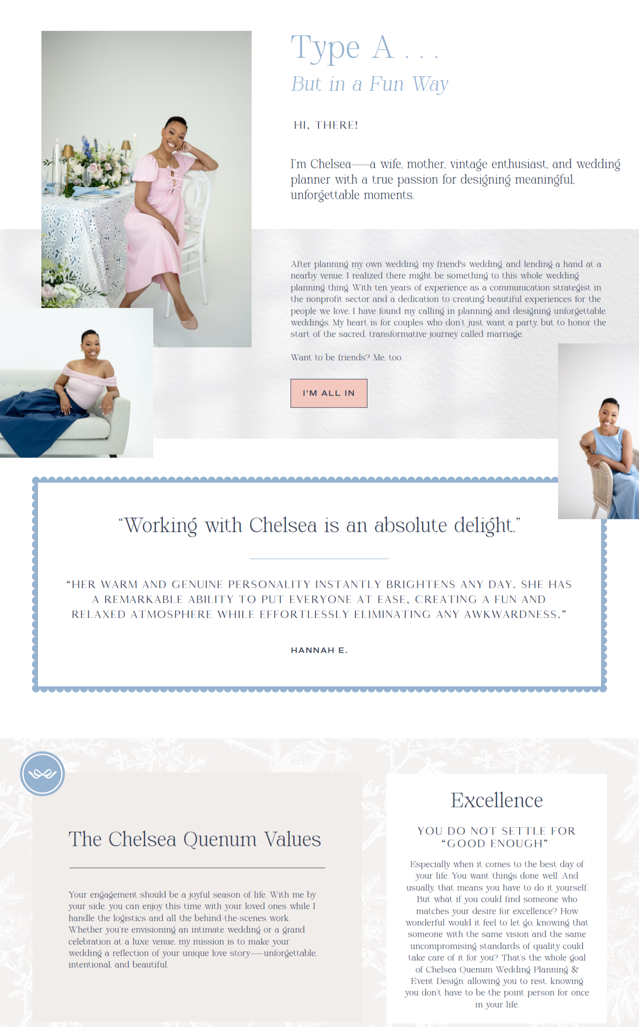 A screenshot of a wedding planner's website featuring text in light blue and black and elegant scalloped edges around the text boxes