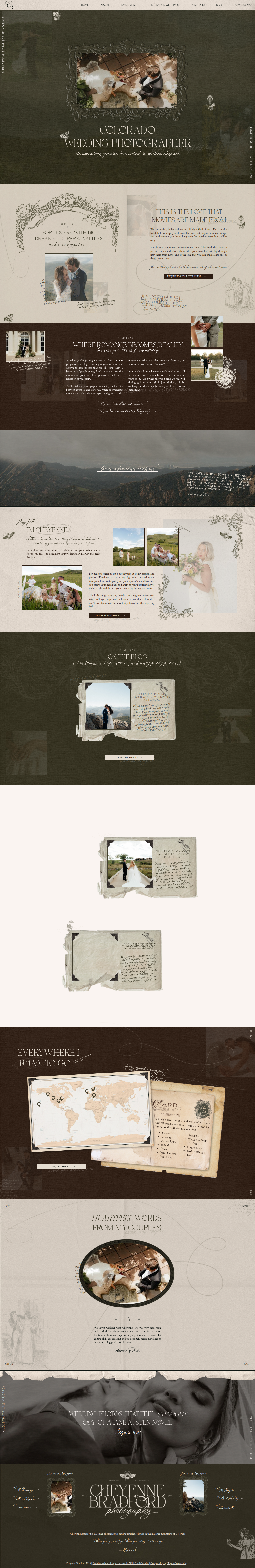 A screengrab of a wedding photographer's website with hand-illustrated vines and bumble bees