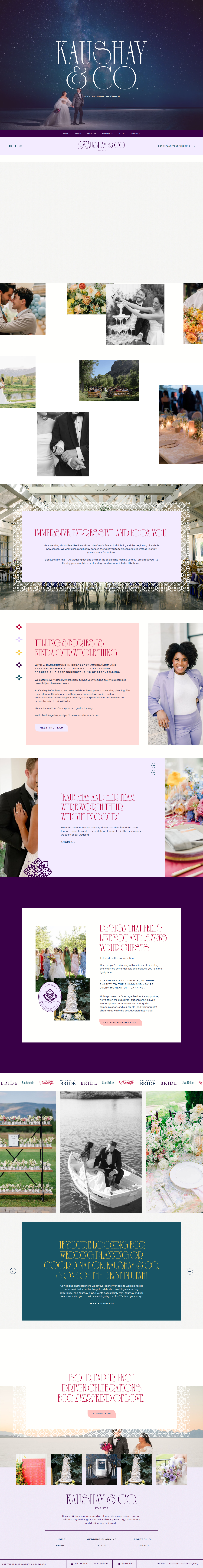A screenshot of a wedding planner's website with bold purple and pink sections with colorful wedding photos