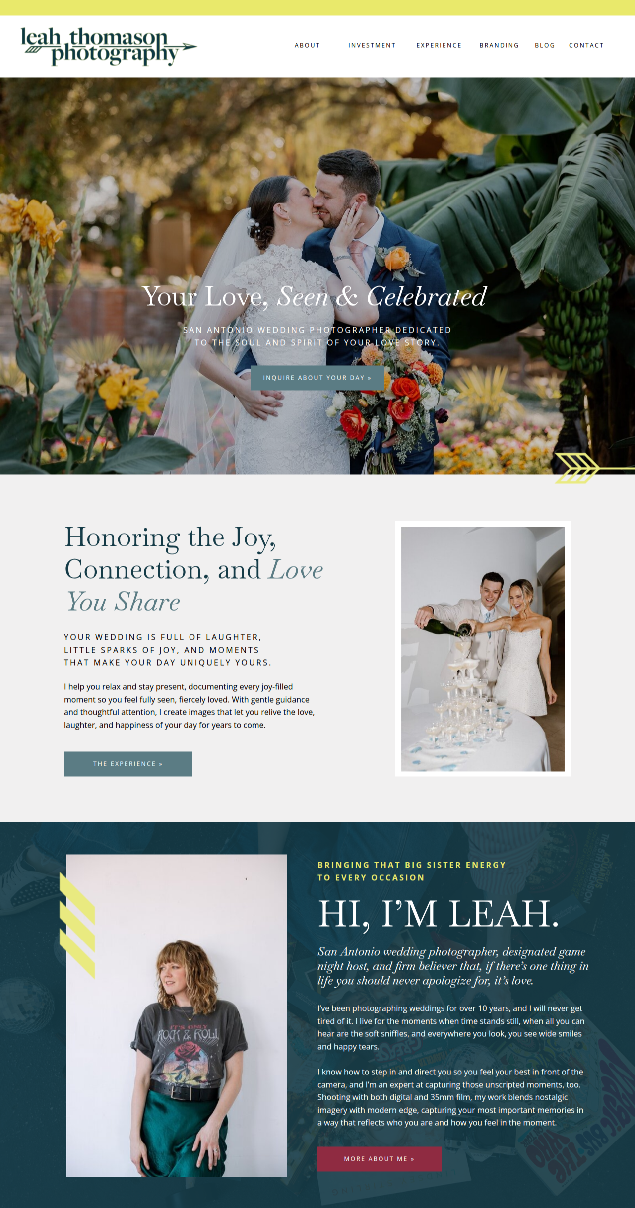 A screenshot of a wedding photographer's website designed by Karima Creative. It features a teal and yellow color palette with wedding portraits