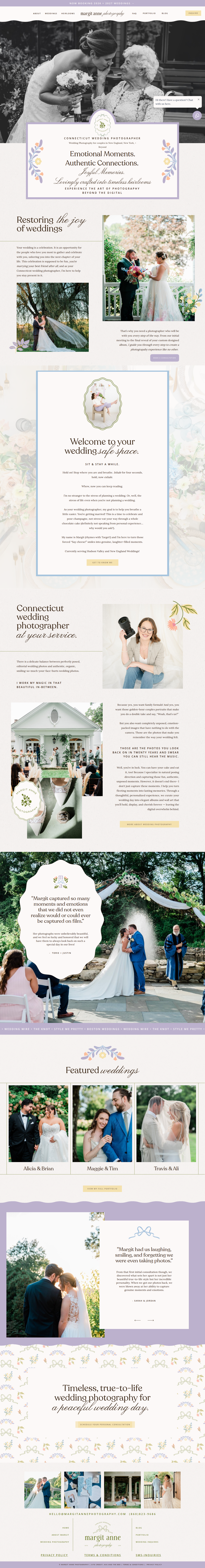 A screenshot of a wedding photographer's website with purple, blue, and cream sections.