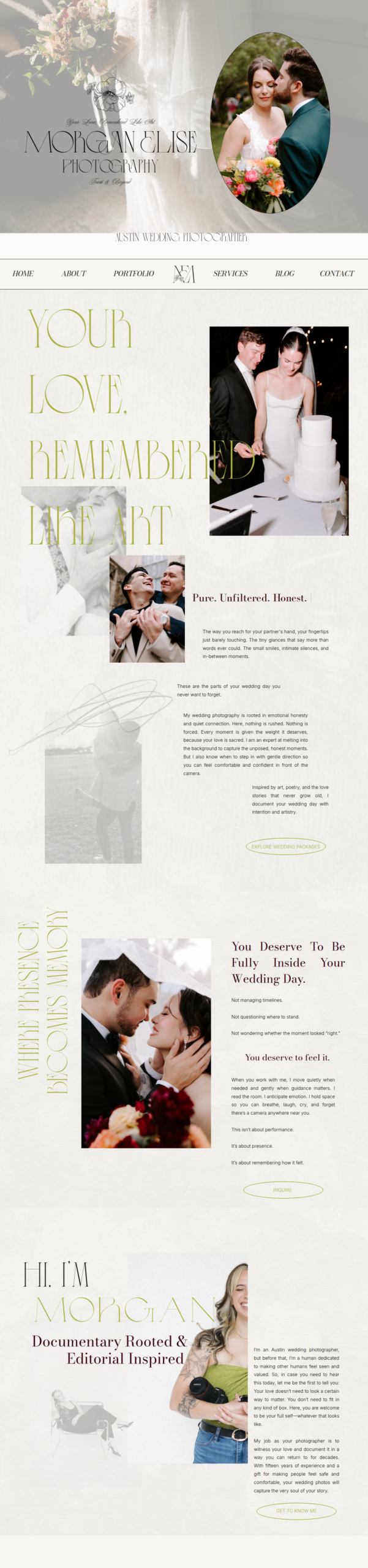 A screenshot of a wedding photographer's website featuring queer couples and bright green accents
