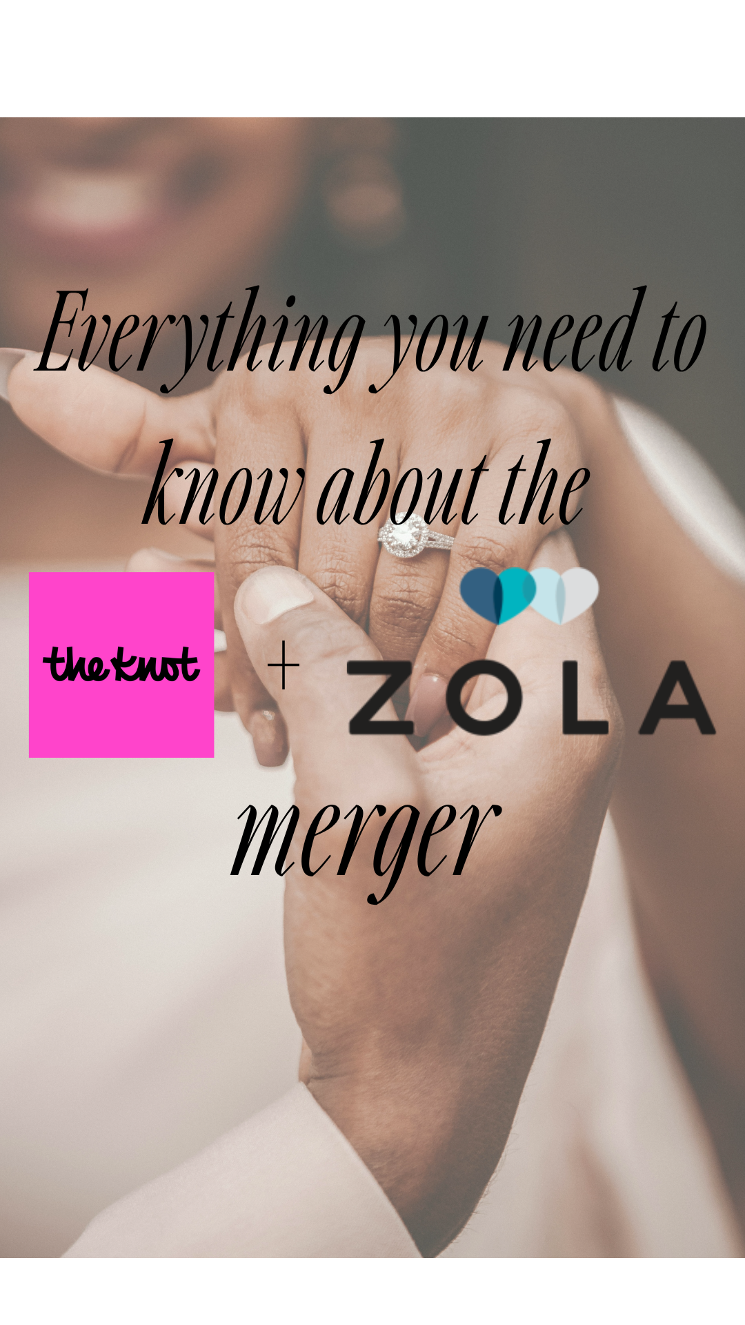 A graphic with the Knot logo and Zola logo, with a woman's hand with a diamond engagement ring.